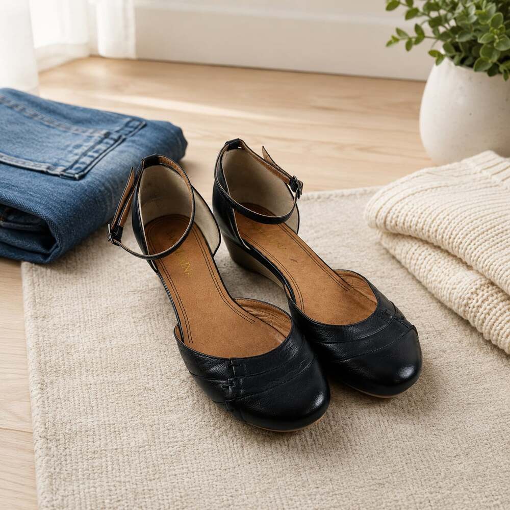 San Marina Black Leather Ankle Strap Wedge Shoes EU 41 Quiet Luxury